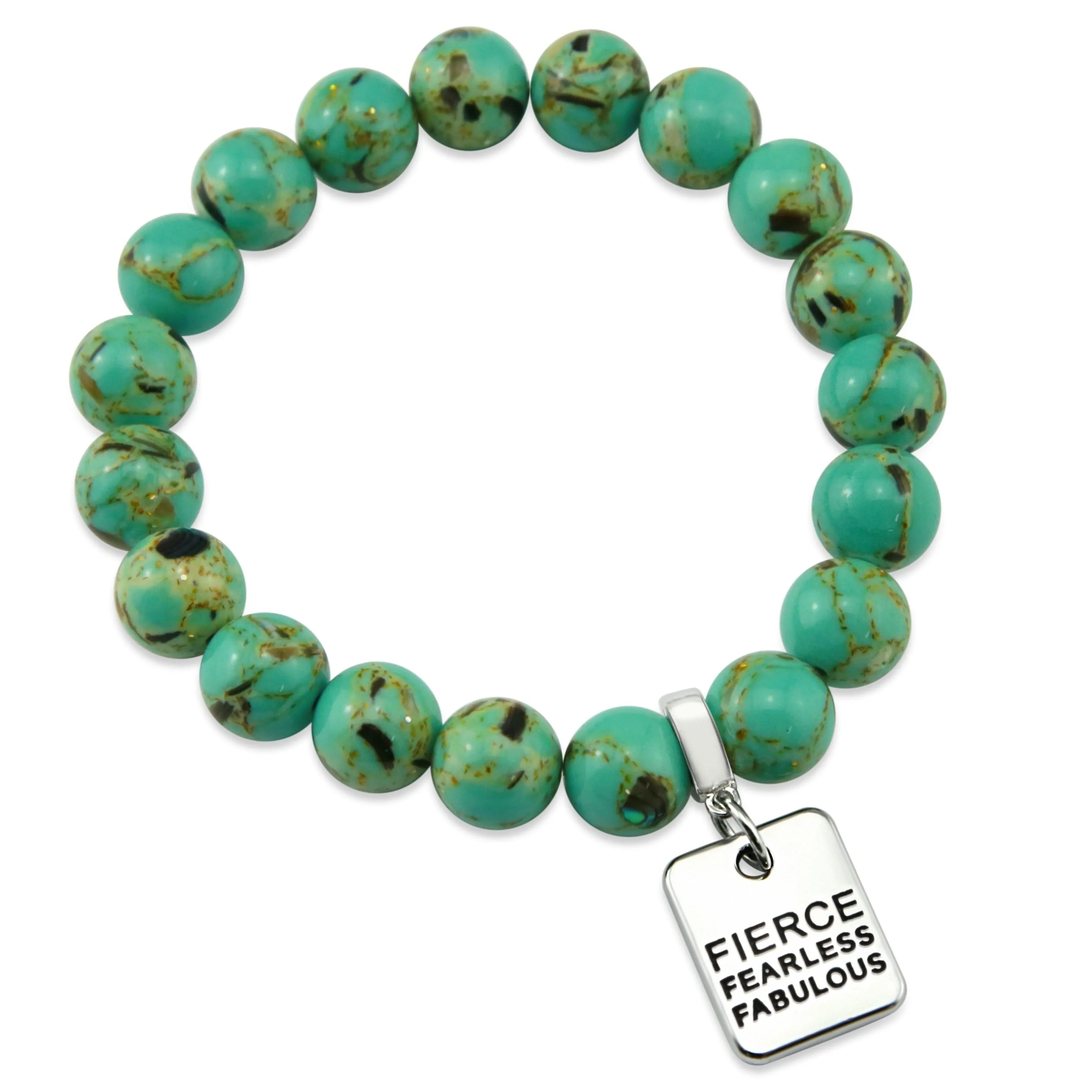 TEAL COLLECTION - Light Teal Synthesis 10mm Bead Bracelet - Silver Word Charms
