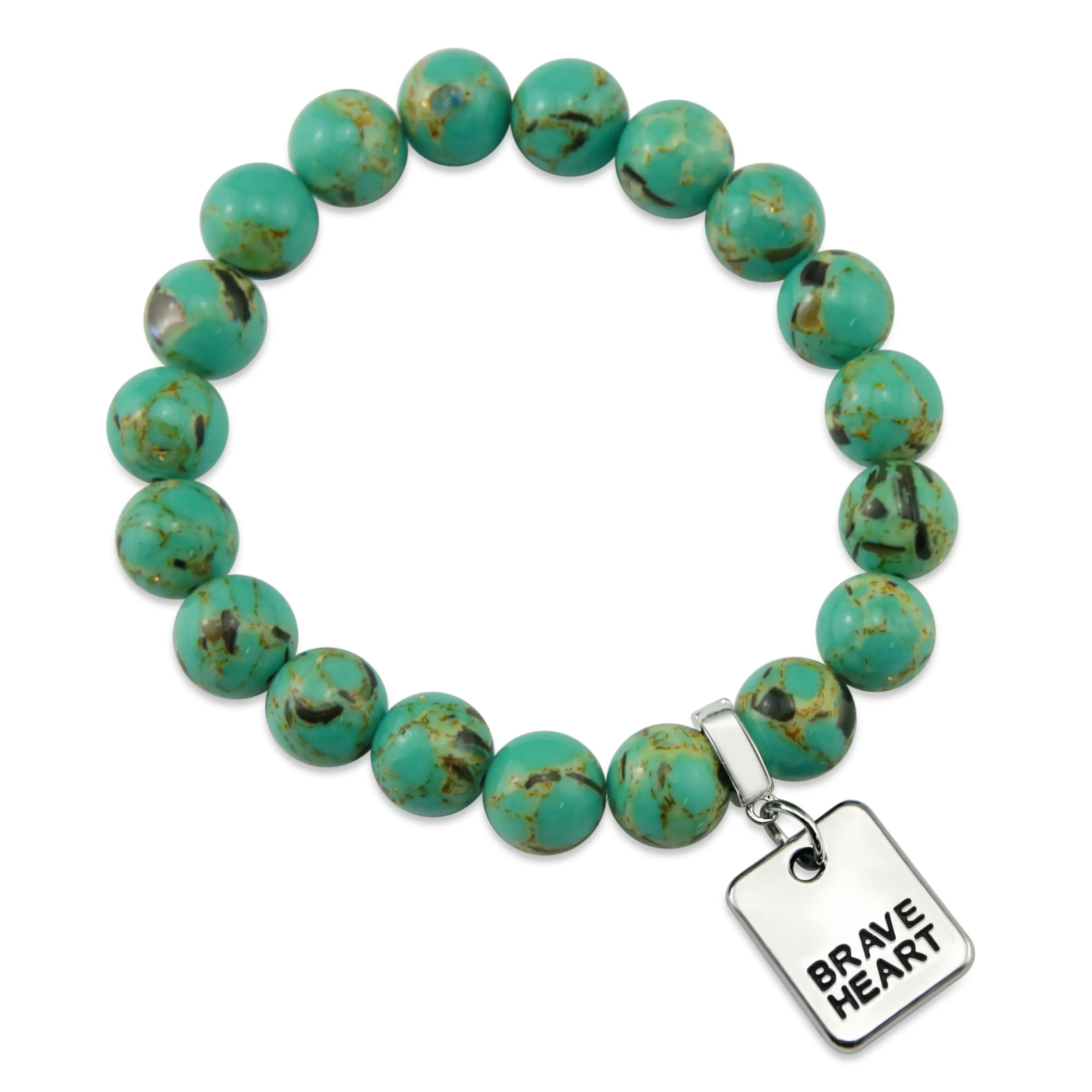TEAL COLLECTION - Light Teal Synthesis 10mm Bead Bracelet - Silver Word Charms