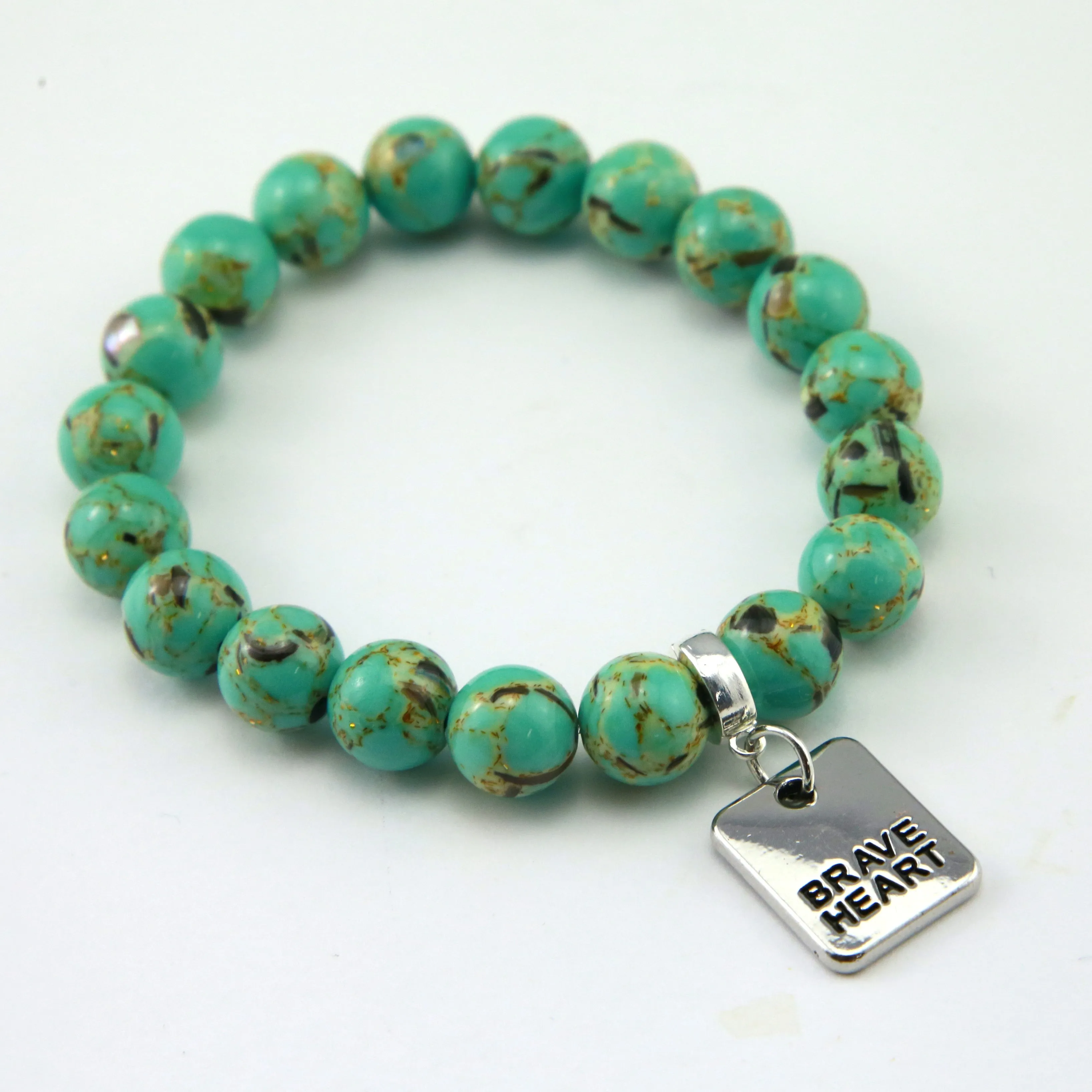 TEAL COLLECTION - Light Teal Synthesis 10mm Bead Bracelet - Silver Word Charms
