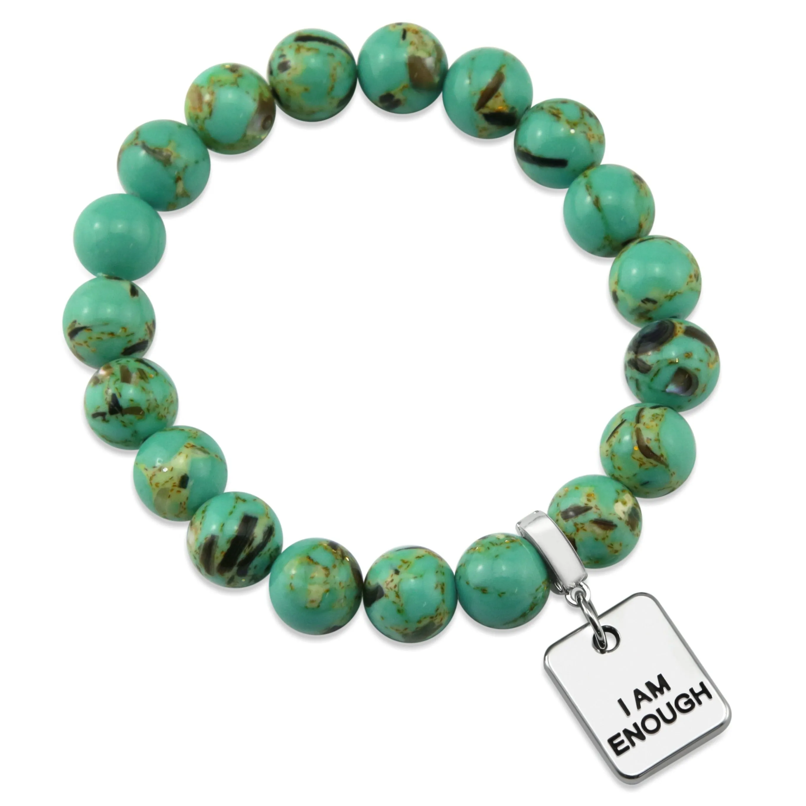 TEAL COLLECTION - Light Teal Synthesis 10mm Bead Bracelet - Silver Word Charms