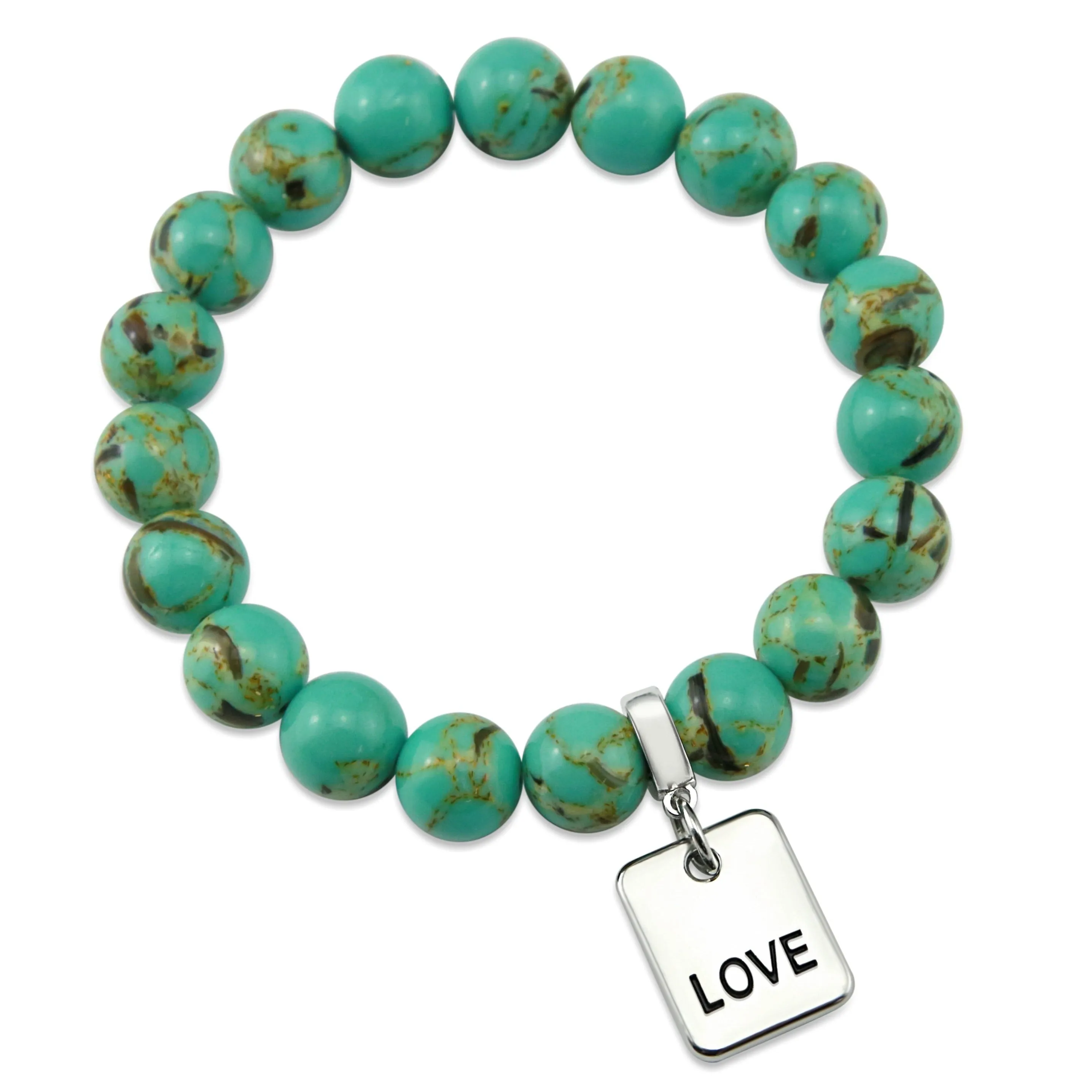 TEAL COLLECTION - Light Teal Synthesis 10mm Bead Bracelet - Silver Word Charms