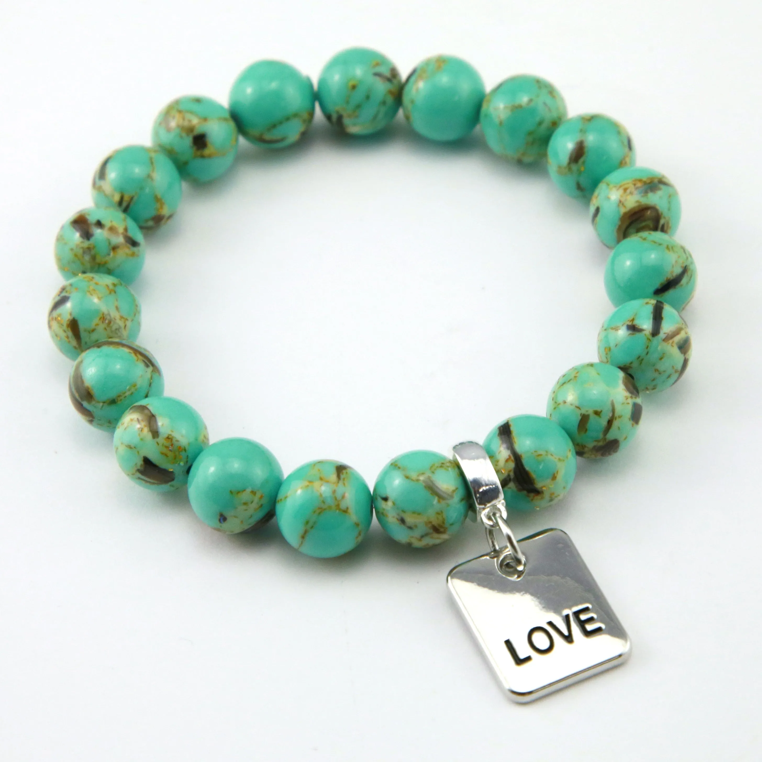 TEAL COLLECTION - Light Teal Synthesis 10mm Bead Bracelet - Silver Word Charms