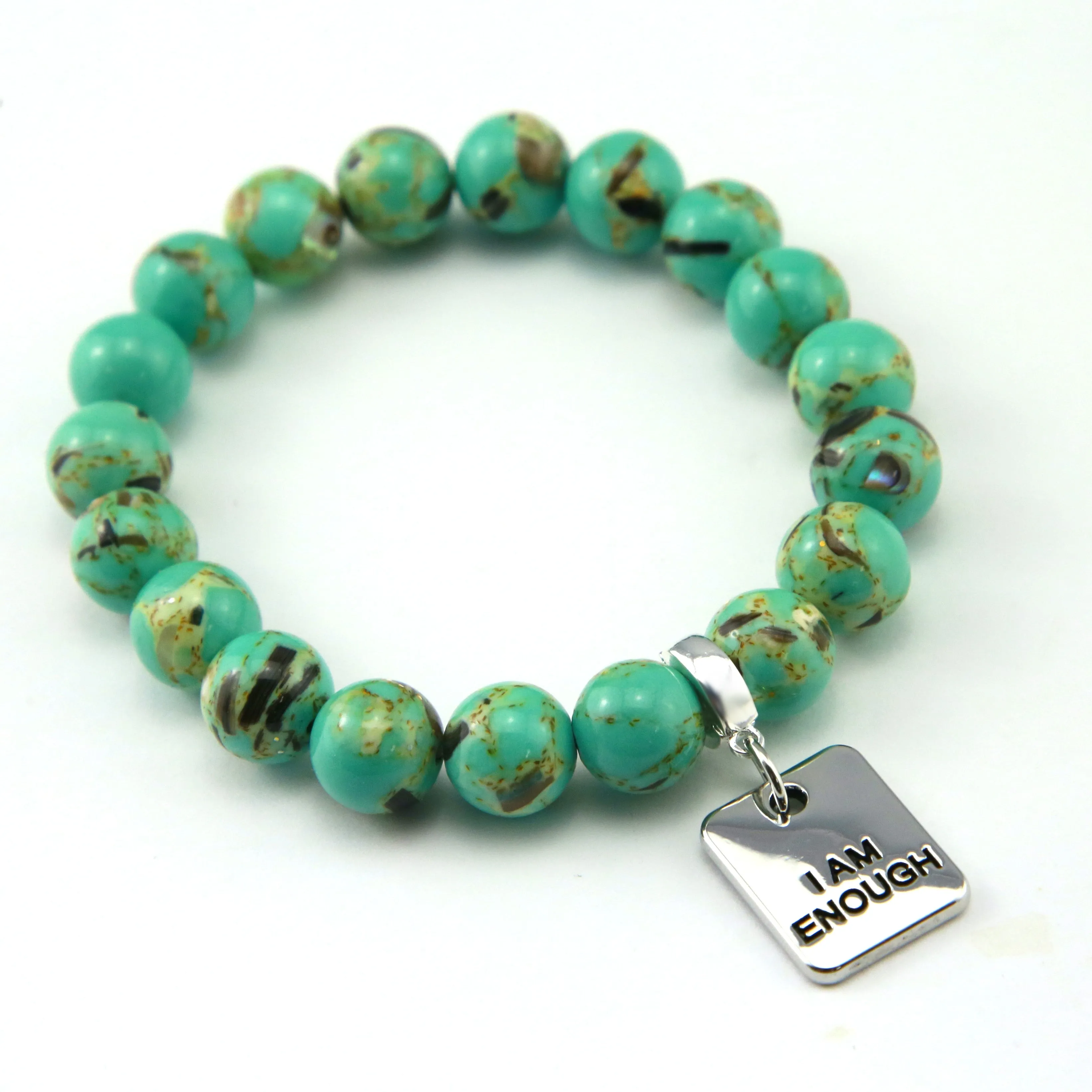 TEAL COLLECTION - Light Teal Synthesis 10mm Bead Bracelet - Silver Word Charms