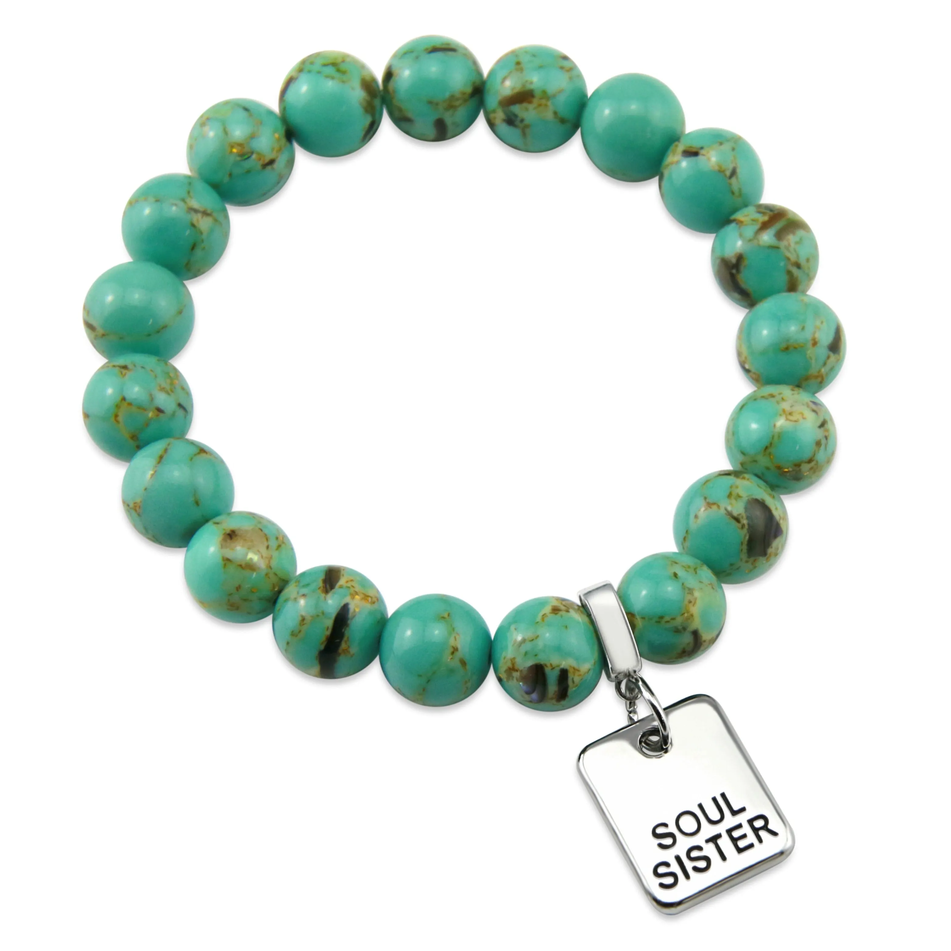 TEAL COLLECTION - Light Teal Synthesis 10mm Bead Bracelet - Silver Word Charms
