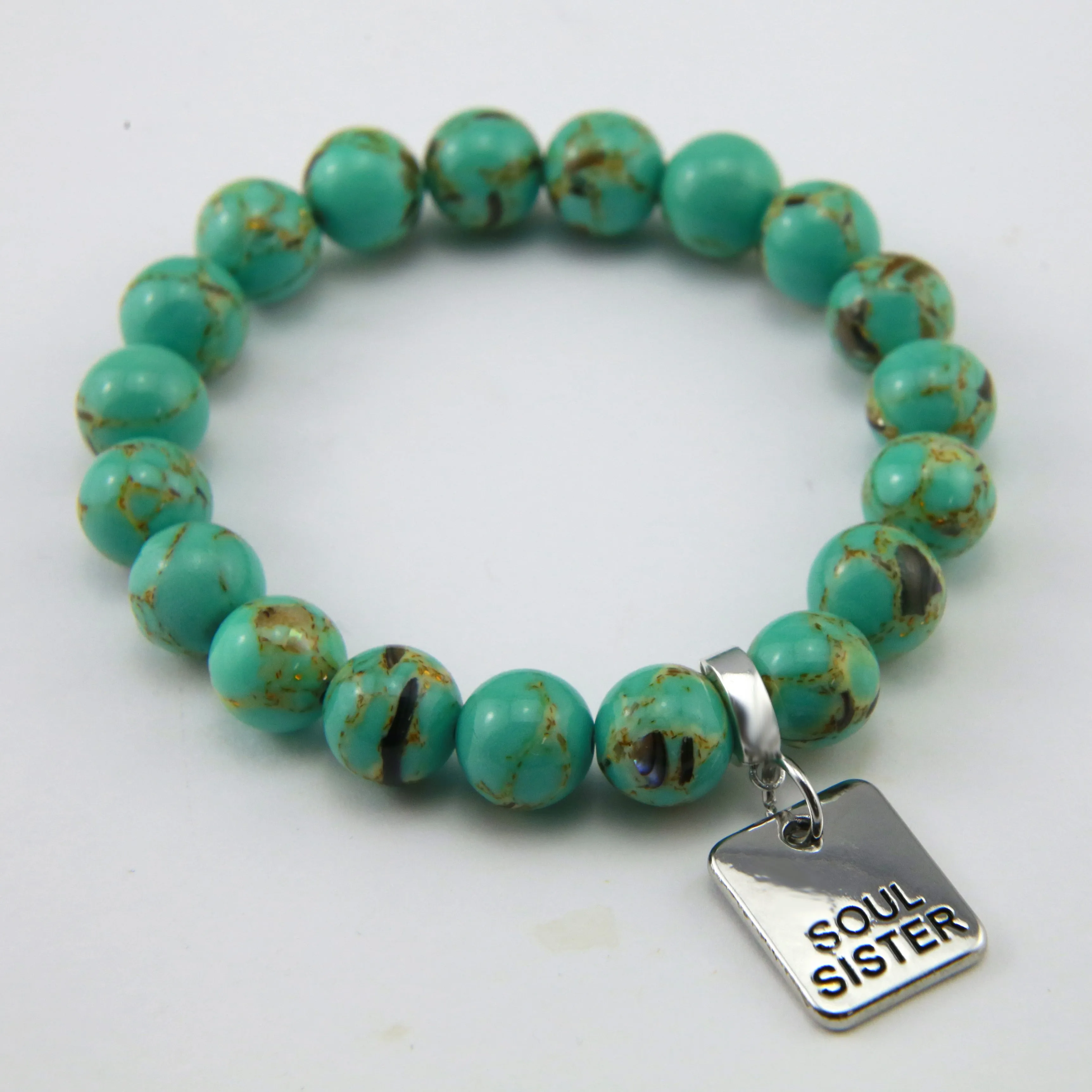 TEAL COLLECTION - Light Teal Synthesis 10mm Bead Bracelet - Silver Word Charms