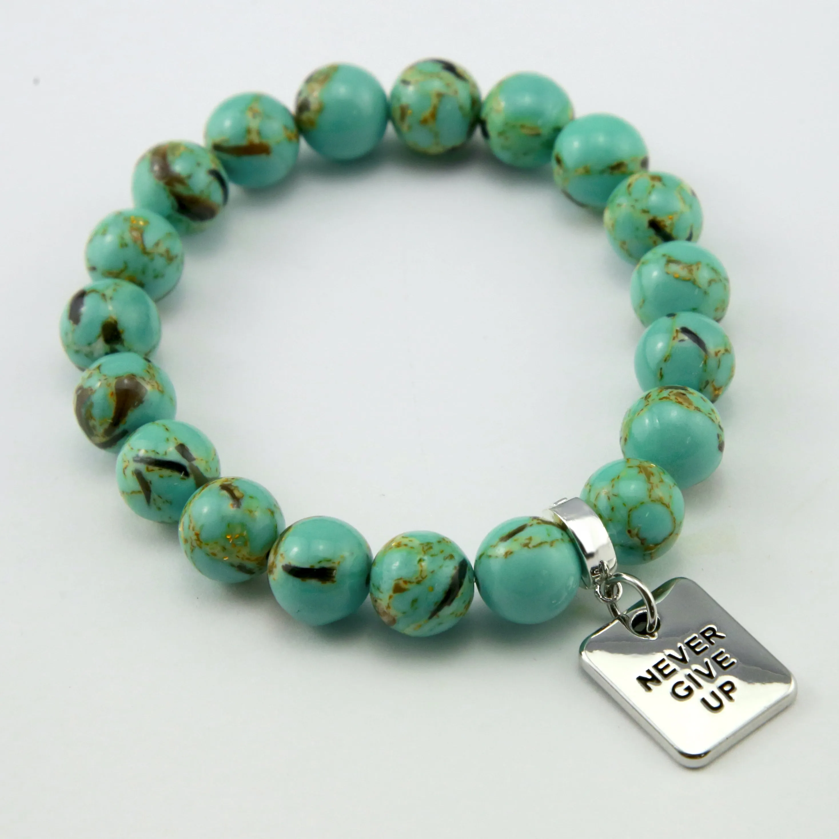 TEAL COLLECTION - Light Teal Synthesis 10mm Bead Bracelet - Silver Word Charms