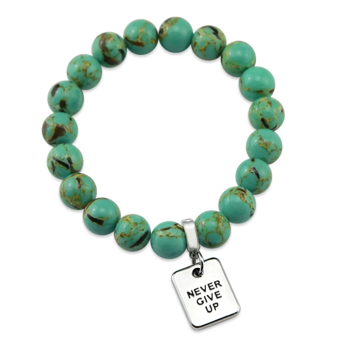 TEAL COLLECTION - Light Teal Synthesis 10mm Bead Bracelet - Silver Word Charms
