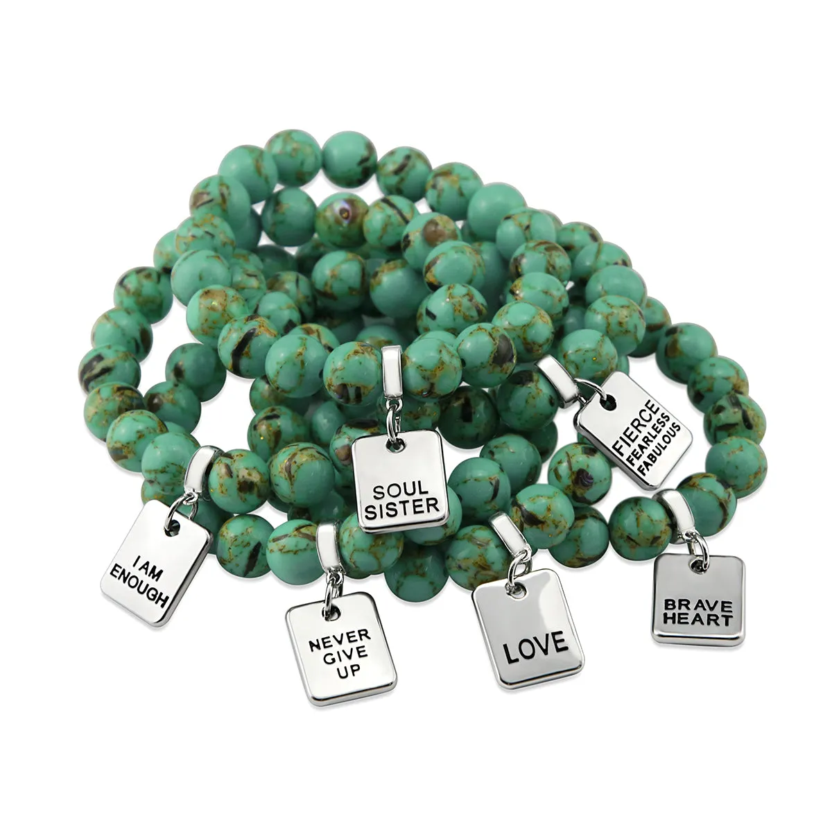 TEAL COLLECTION - Light Teal Synthesis 10mm Bead Bracelet - Silver Word Charms