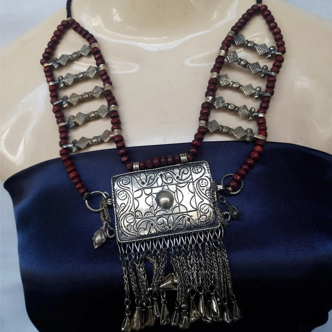 Tribal Wide Wooden Beaded Chain Pendant Necklace