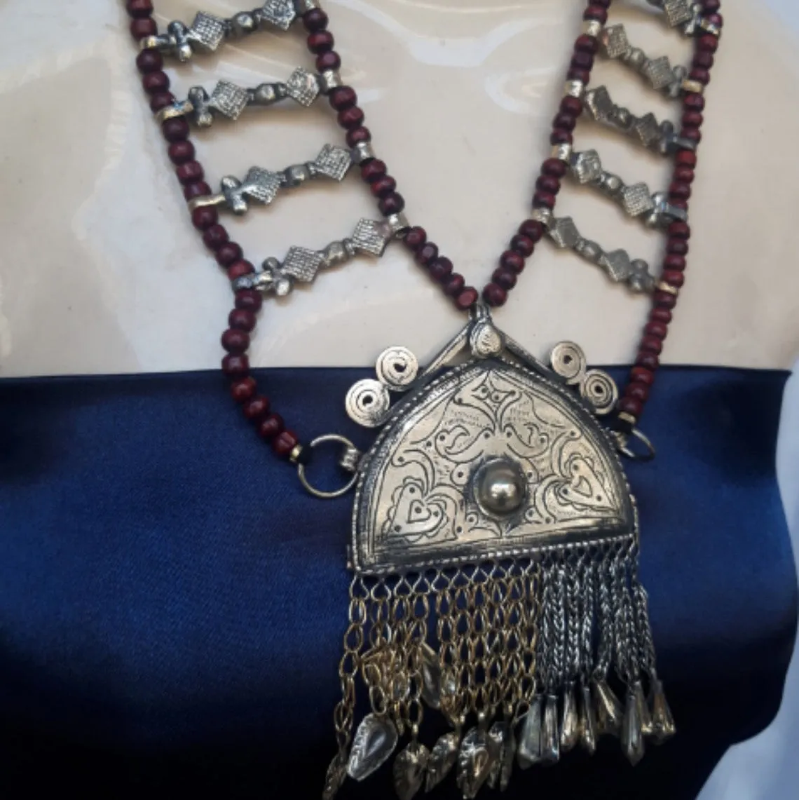 Tribal Wide Wooden Beaded Chain Pendant Necklace