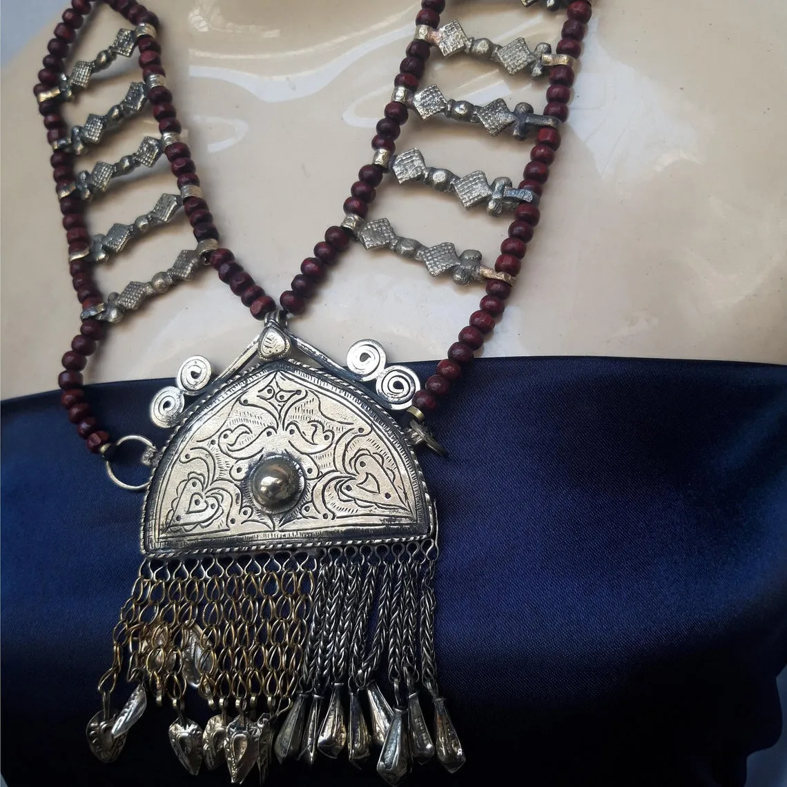 Tribal Wide Wooden Beaded Chain Pendant Necklace