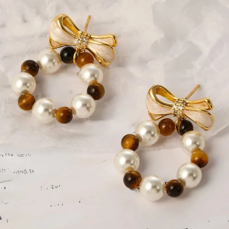 VAIGE Chic Bow Knot Beaded Drop Earrings in Elegant Gold and Silver