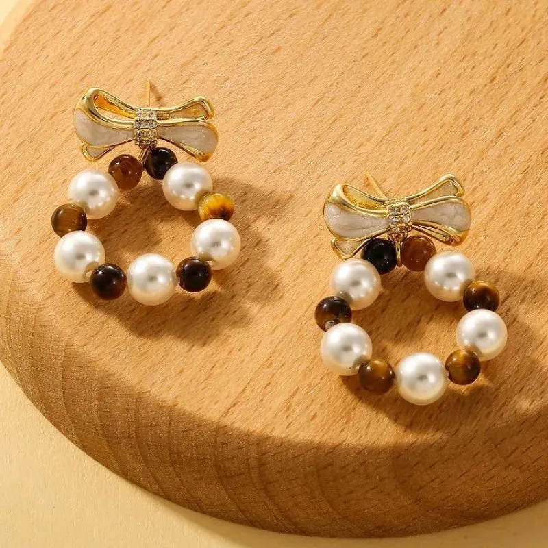 VAIGE Chic Bow Knot Beaded Drop Earrings in Elegant Gold and Silver