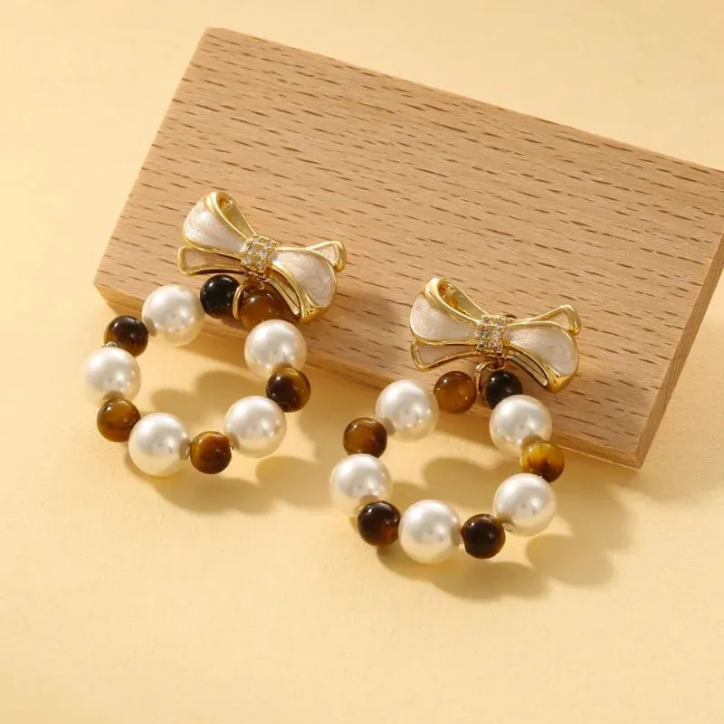VAIGE Chic Bow Knot Beaded Drop Earrings in Elegant Gold and Silver
