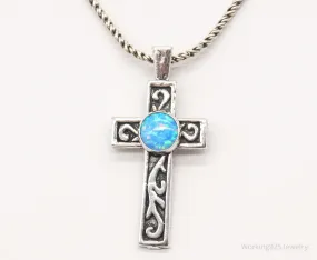 Vintage Blue Opal Sterling Silver Cross Necklace