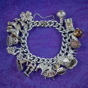 Vintage Charm Curb Bracelet Silver With Nineteen Charms