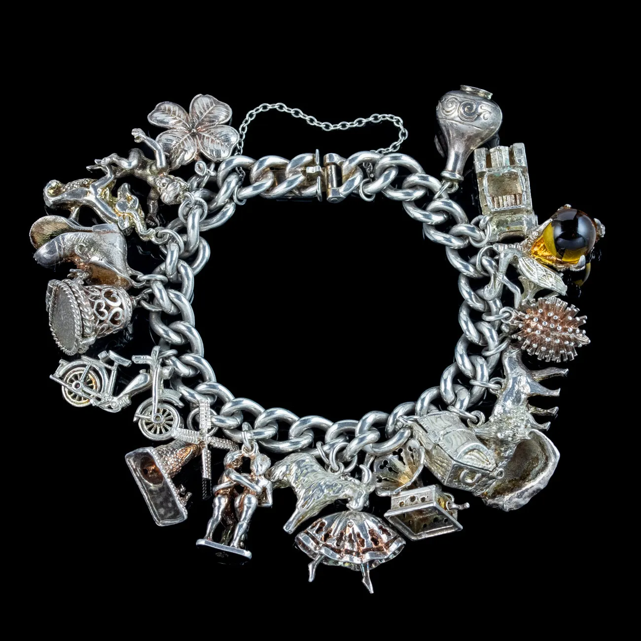 Vintage Charm Curb Bracelet Silver With Nineteen Charms