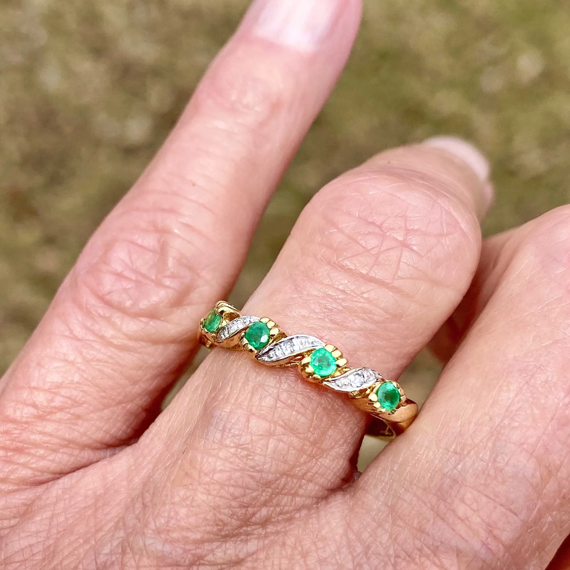 Vintage Half Eternity Diamond Emerald Ring Band