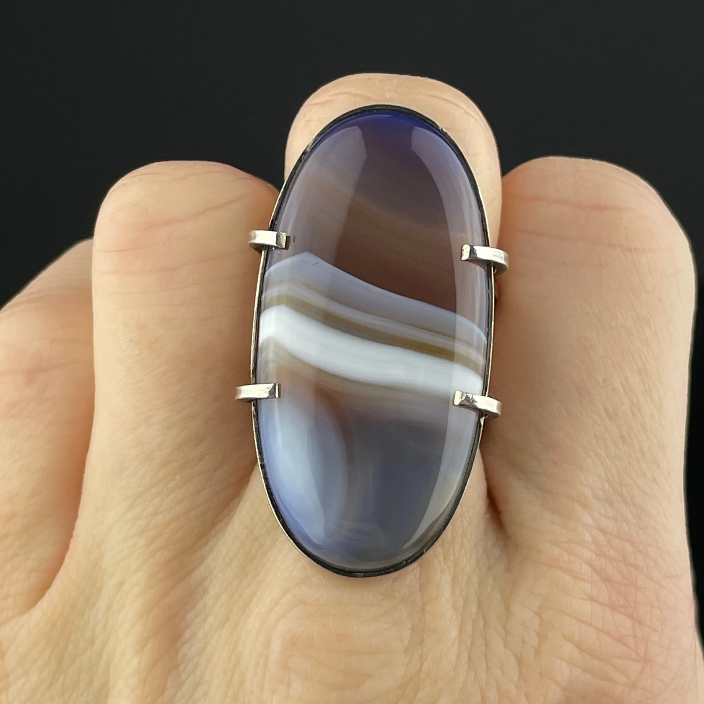 Vintage Silver Banded Picture Agate Statement Ring, Sz 7 1/2