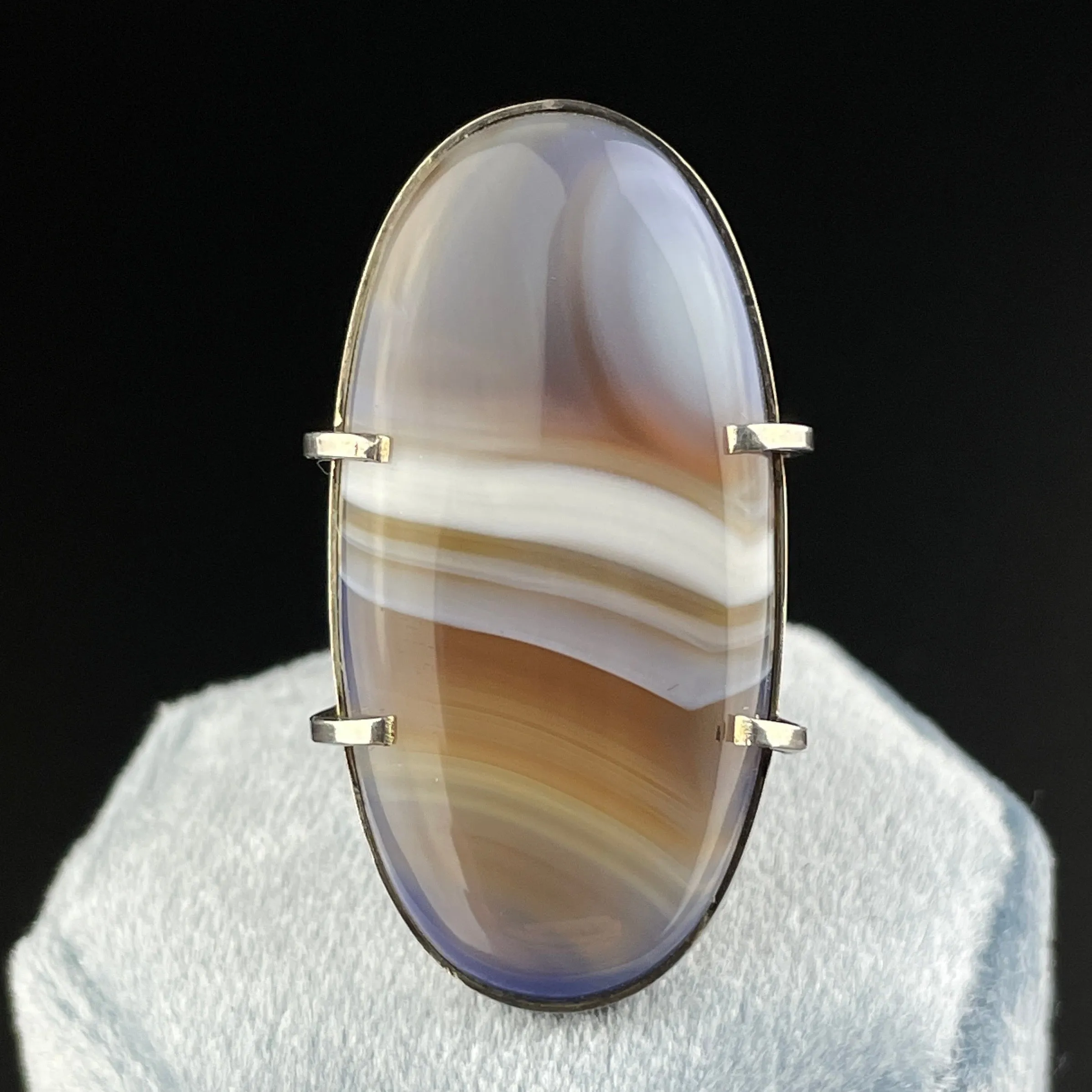 Vintage Silver Banded Picture Agate Statement Ring, Sz 7 1/2
