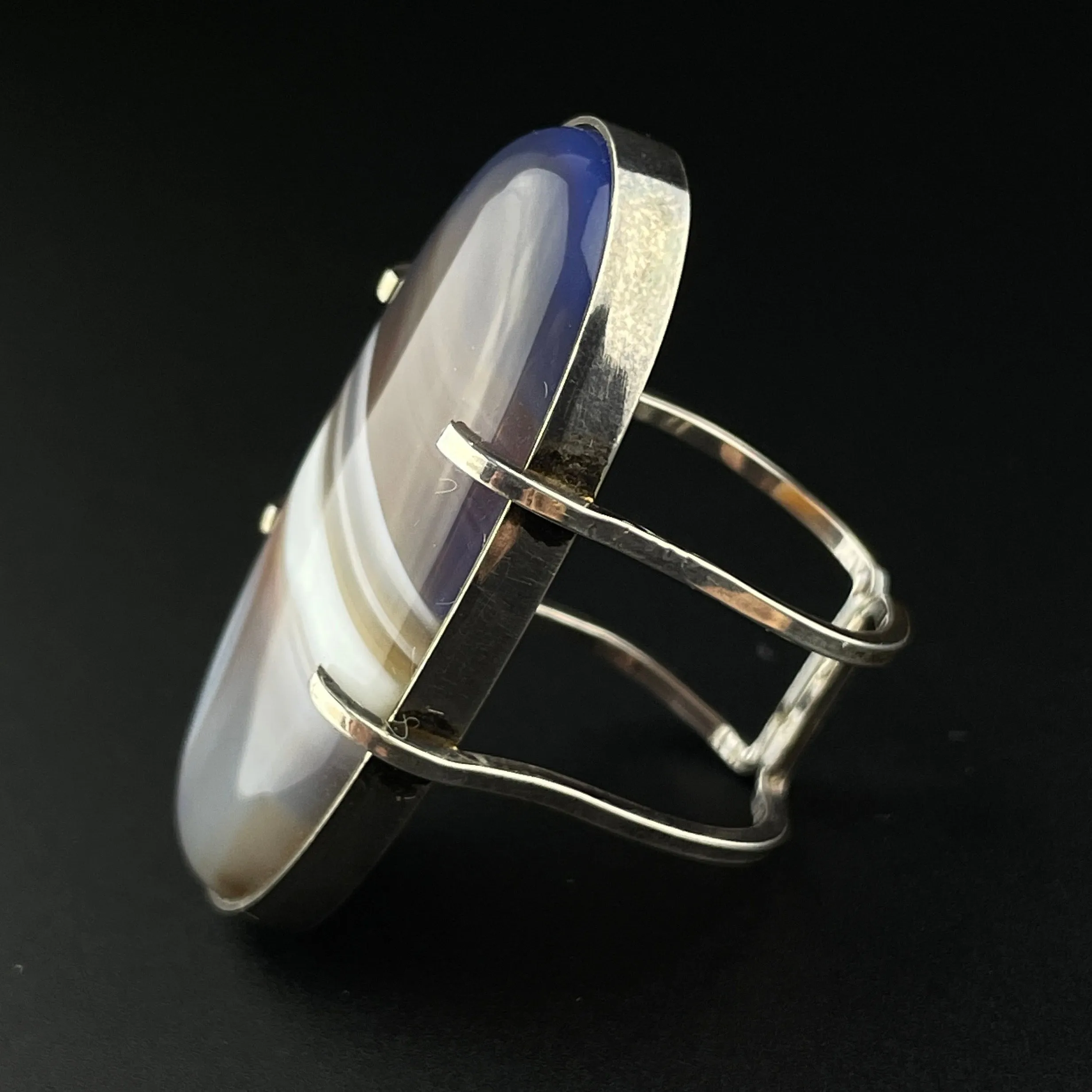 Vintage Silver Banded Picture Agate Statement Ring, Sz 7 1/2