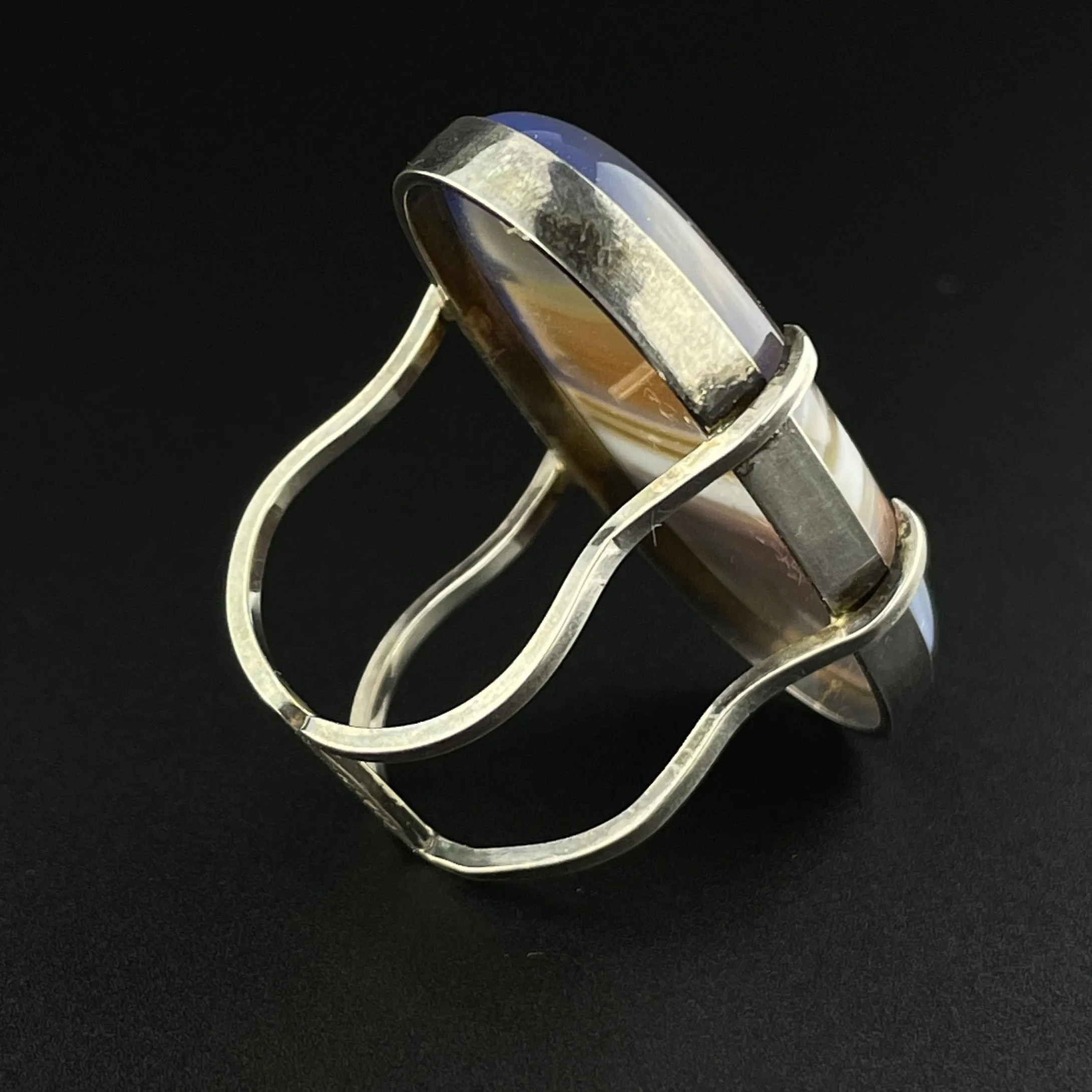 Vintage Silver Banded Picture Agate Statement Ring, Sz 7 1/2